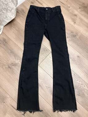 We The Free Free People Black Flare Jeans with Side Slits and Raw Hem Size 30
